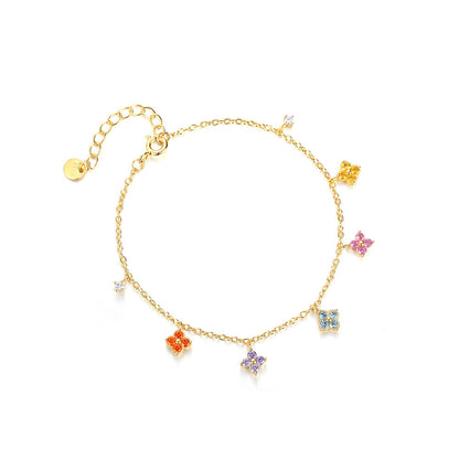 E廠【DQ0697S】S925純銀幸運四葉草手鍊女法式優雅多巴胺彩鑽花朵甜美手飾 25.06-2