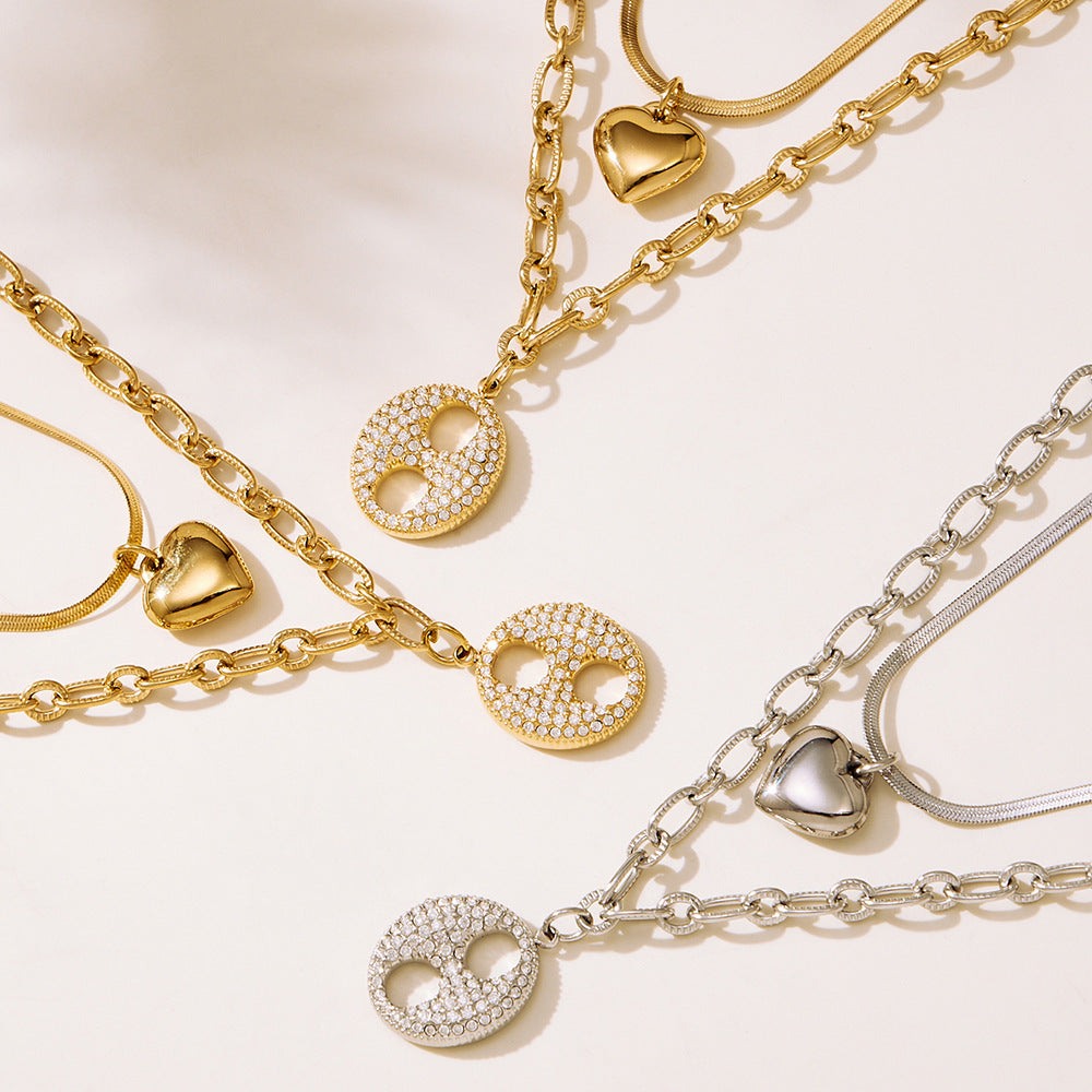 B廠【P100】 不鏽鋼雙層疊戴愛心豬鼻子鋯石項鍊 鍍18k金歐美百搭項鍊
 25.11-3