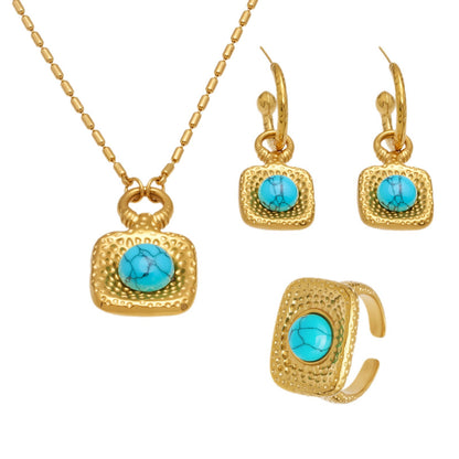 B廠【TXP332】新款不銹鋼藍松石吊墜項鍊耳環戒指套裝歐美精緻飾品不掉色 25.08-1