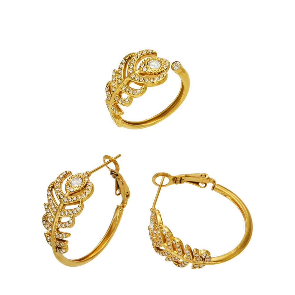 B廠【TXF312】ins風輕奢羽毛滿鑽鋯石戒指鈦鋼鍍金女飾品個性風潮戒指耳環套裝
 26.09-1