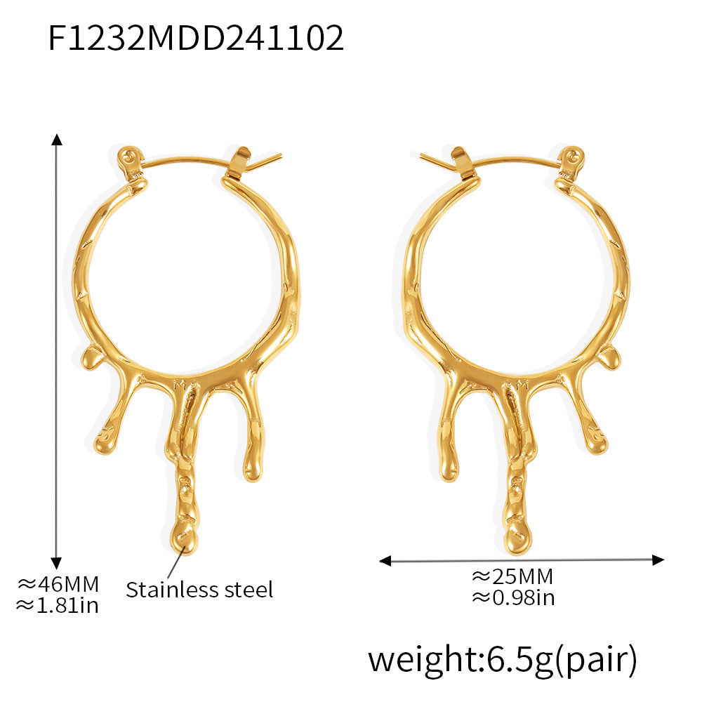 B廠【F1232】 歐美風時尚個性岩溶水滴液態耳環不規則耳圈不鏽鋼鍍18k金 24.11-2