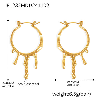 B廠【F1232】 歐美風時尚個性岩溶水滴液態耳環不規則耳圈不鏽鋼鍍18k金 24.11-2