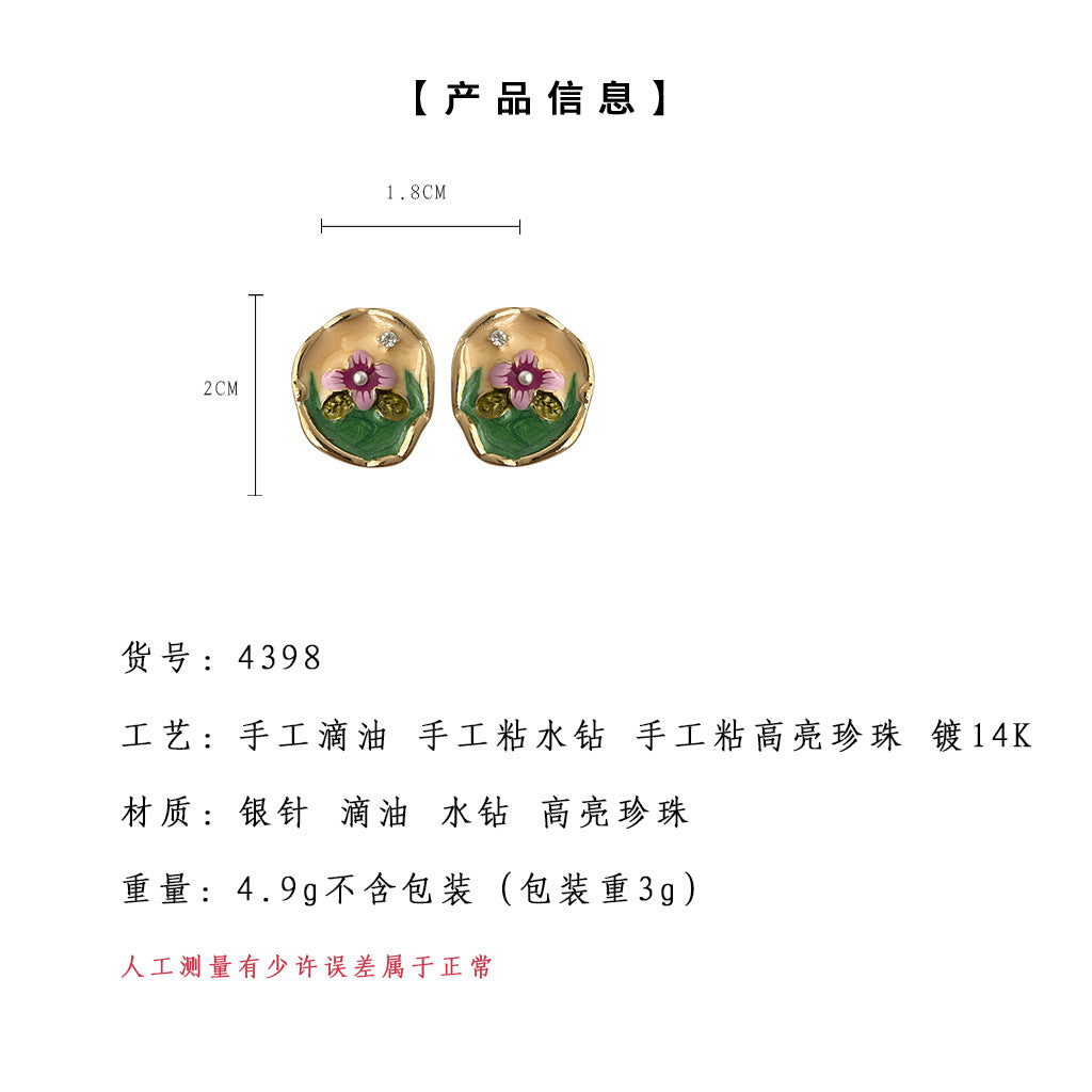 C廠【4398】新中式復古宮廷鍍14K琺瑯滴釉彩繪花朵耳環氣質優雅新款耳飾 24.06-4