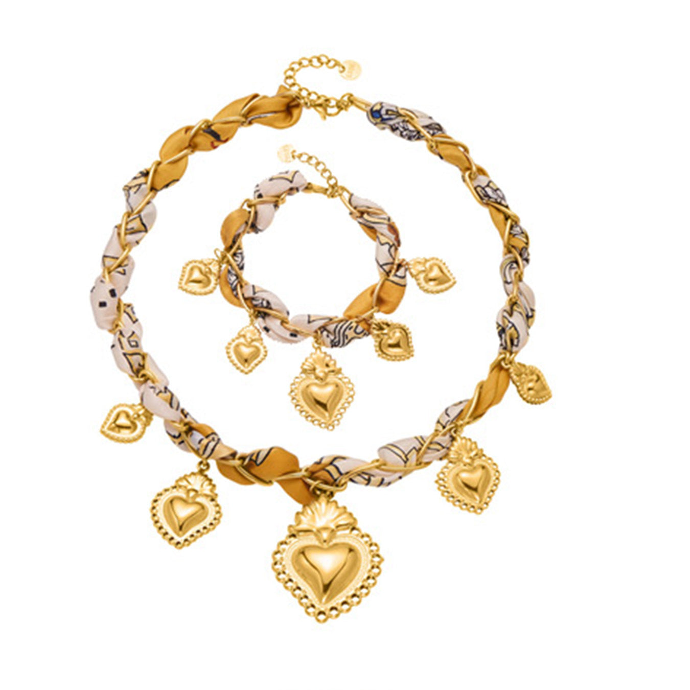 B廠【TXP421】歐美復古絲巾不銹鋼多愛心吊墜項鍊手鍊設計小眾首飾套裝女
 25.10-3