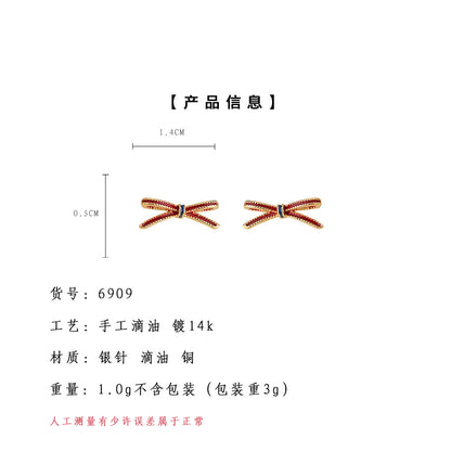 A廠【6909】時尚簡約輕奢風高級感925銀針迷你小巧酒紅色蝴蝶結通勤耳環 耳環
 25.10-2