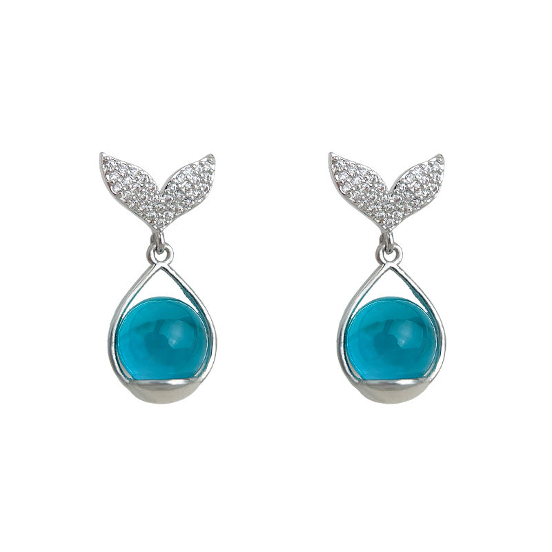 C廠【6385】微鑲鋯石925銀針清新甜美透感玻璃琉璃魚尾耳飾女 度假風新款耳環
 25.11-1