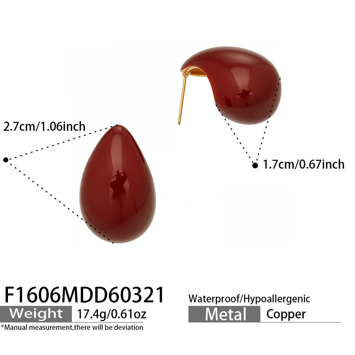 B廠【F1606】跨境熱銷新款酒紅色滴油水滴形耳環銅材質鍍金耳環百搭精準耳飾女
 26.04-1