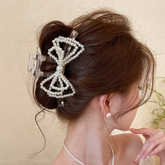 C廠【X121】韓系千金~抓夾女珍珠蝴蝶結鯊魚夾子高級感頭髮髮夾獨特漂亮頭飾
 26.04-3