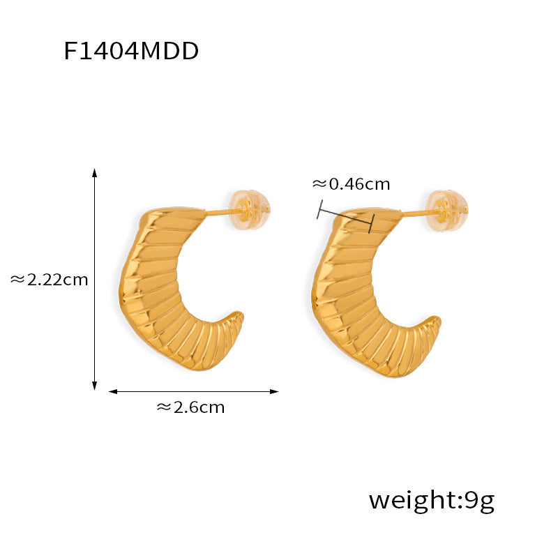 B廠【F1401-4】新款法式復古時尚牛角螺紋耳針耳環女士簡約金屬設計鈦鋼鍍金耳扣 24.03-1