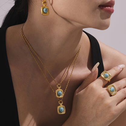 B廠【TXP332】新款不銹鋼藍松石吊墜項鍊耳環戒指套裝歐美精緻飾品不掉色 25.08-1