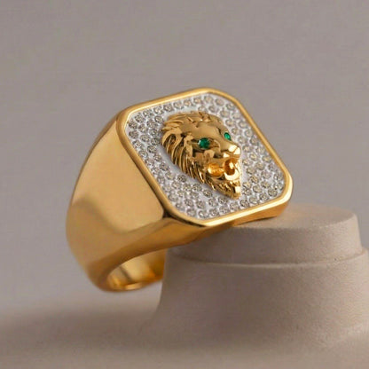 B廠【A060】歐美ins輕奢簡約設計方形獅子頭滿鑽戒指不鏽鋼鍍18k金嘻哈風手飾
 26.01-2