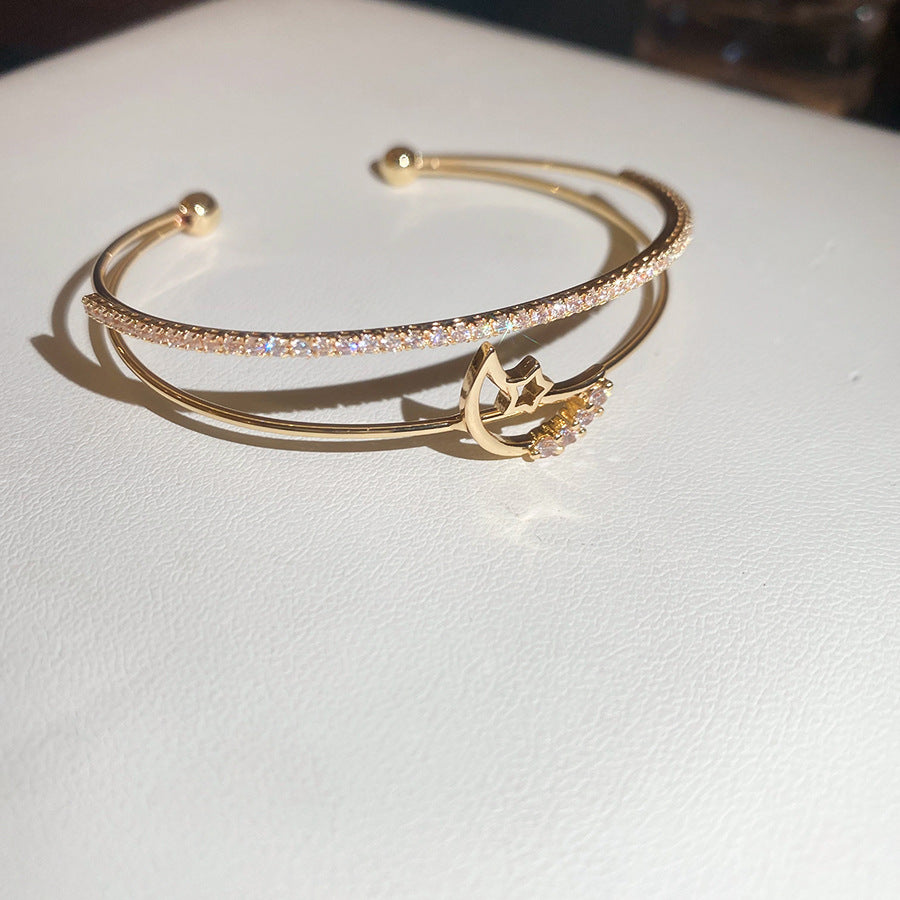 A廠【HB4630】超閃鋯石月亮雙層開口手鐲時尚簡約百搭氣質手環輕奢高級感手飾女
 25.10-1