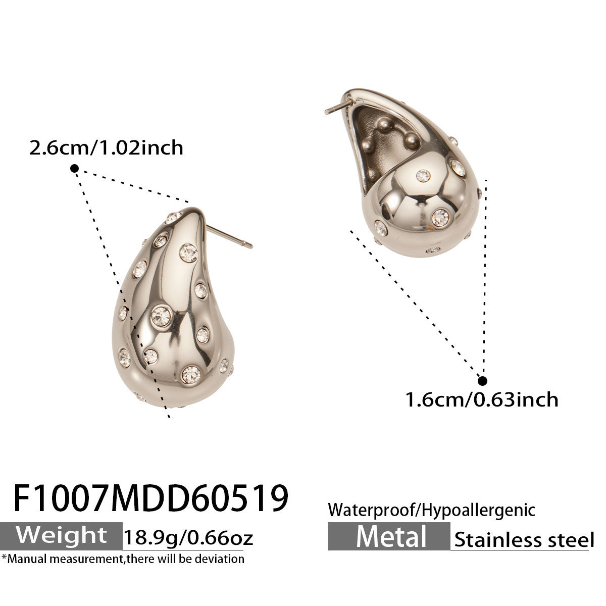 B廠【F1007】歐美新款INS小眾貝珠水鑽水滴形耳環幾何鏤空不鏽鋼鍍18k真金耳飾
 26.05-4