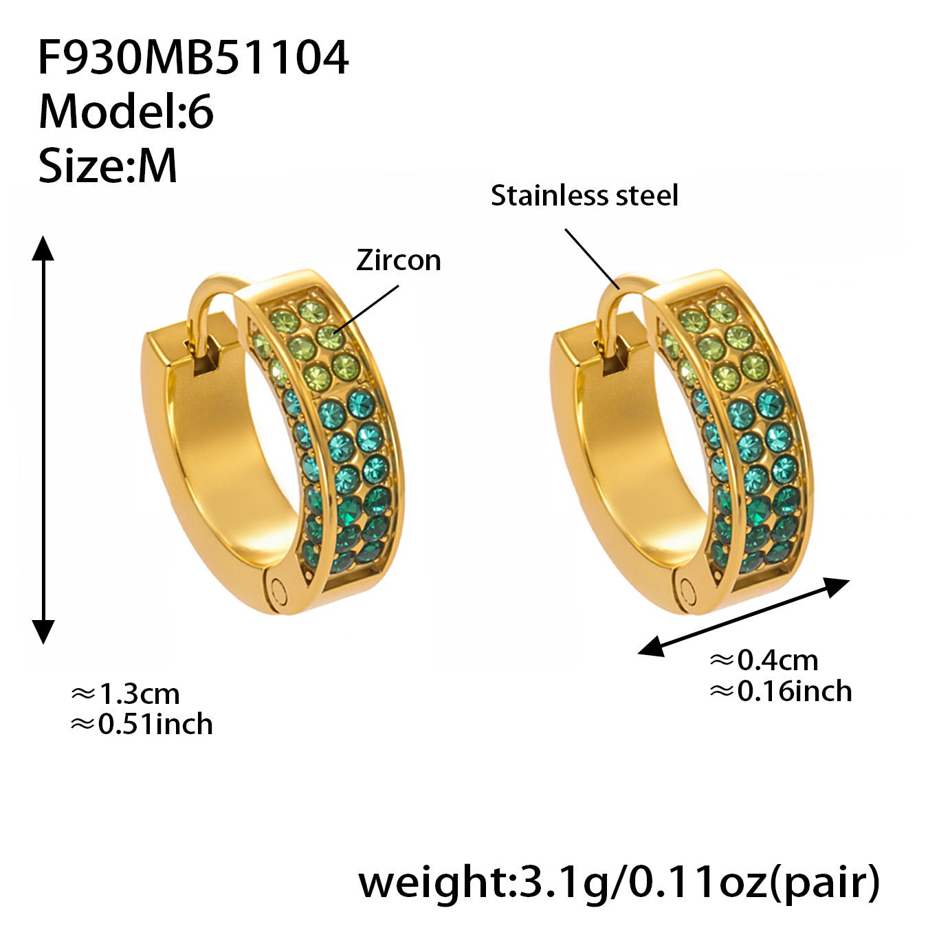 B廠【F930】ins風高品質彩色5A鋯石圓圈卡扣耳環不鏽鋼鍍18k真金耳飾女
 25.11-2