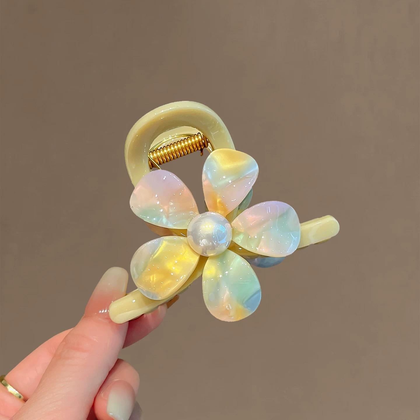 C廠【X414】幻彩醋酸花朵抓夾溫柔氣質黃色後腦勺盤髮夾鯊魚夾清新百搭髮飾女
 26.06-1「C廠-單筆結帳需滿，NT$500出貨(不含運費)」