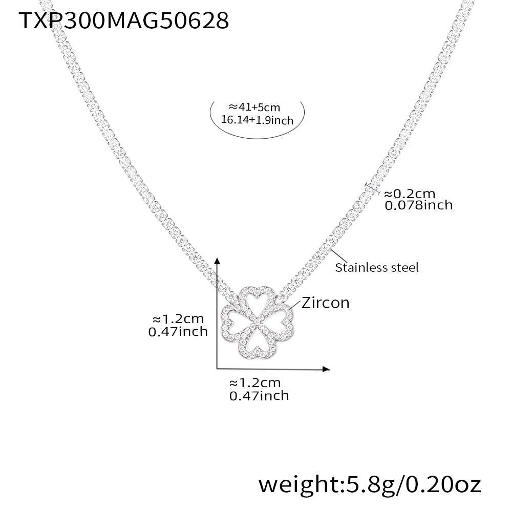 B廠【TXP300】超閃5A鋯石2mm鑽四葉花愛心手鍊項鍊組不鏽鋼鍍18k金飾品 25.07-1