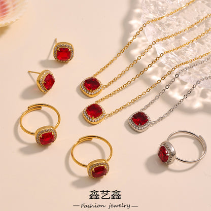 B廠【TXP330】新中式配件不鏽鋼5A鋯石項鍊耳環組ins小眾設計開口戒指 25.08-1