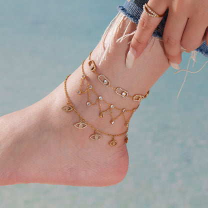 B廠【S030】ins小眾鏈條流蘇鋯石腳鍊歐美跨境新品雙層不鏽鋼鏈條飾品
 25.09-1