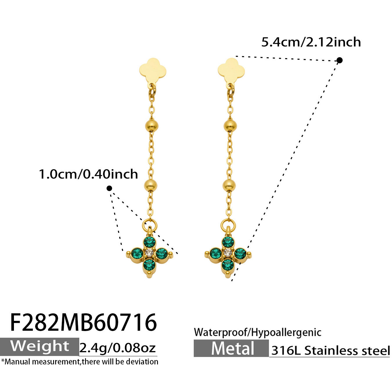 B廠【F282】歐美甜美風不鏽鋼鍍18k金 鑲嵌鋯石四葉花長吊墜耳環時尚飾品女
 26.07-4