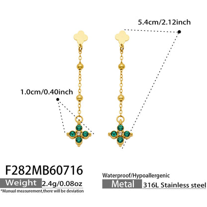 B廠【F282】歐美甜美風不鏽鋼鍍18k金 鑲嵌鋯石四葉花長吊墜耳環時尚飾品女
 26.07-4