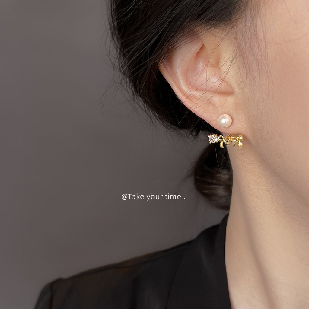 C廠【6384】設計師款~一款兩戴鋯石蝴蝶結玻璃爆款珍珠925銀針鍍14K耳環 耳飾
 25.11-1