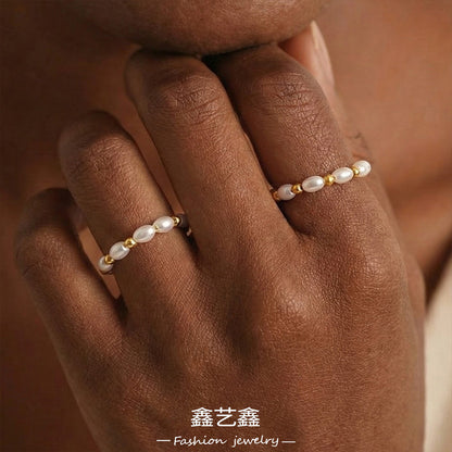 B廠【A025】歐美跨國ins輕奢簡約貝珠手工串珠戒指不鏽鋼鍍18k金百搭時尚飾品
 26.01-2