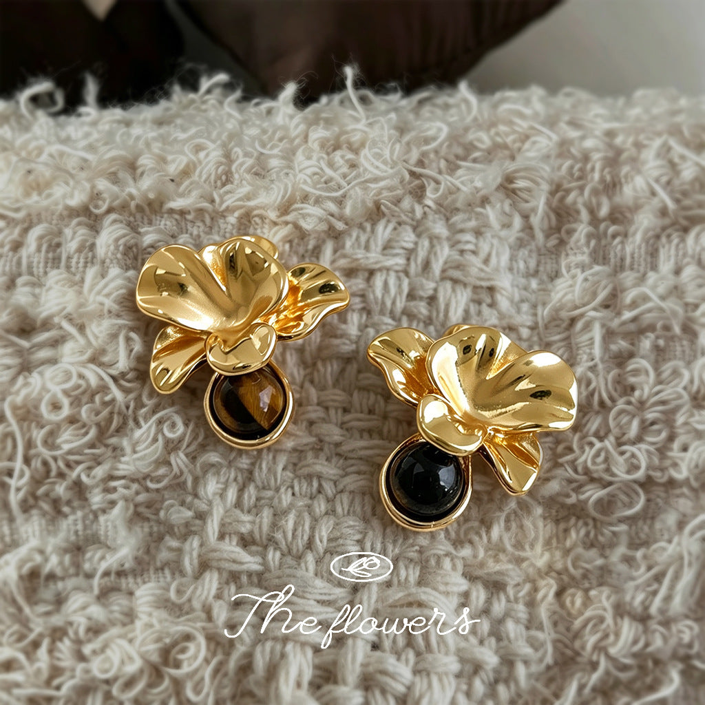 A廠【8413】虎眼石美拉德花朵文藝復古天然石耳釘飾品
 26.10-4