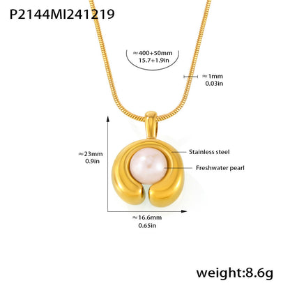B廠【P2144】不鏽鋼C形淡水珍珠項鍊跨國新款時尚簡約鍍18K真金飾品 25.01-1