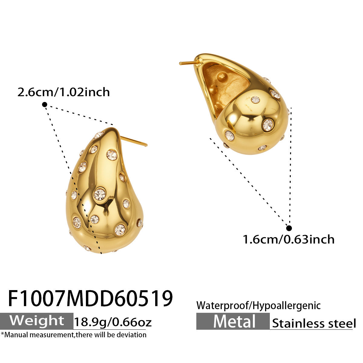 B廠【F1007】歐美新款INS小眾貝珠水鑽水滴形耳環幾何鏤空不鏽鋼鍍18k真金耳飾
 26.05-4