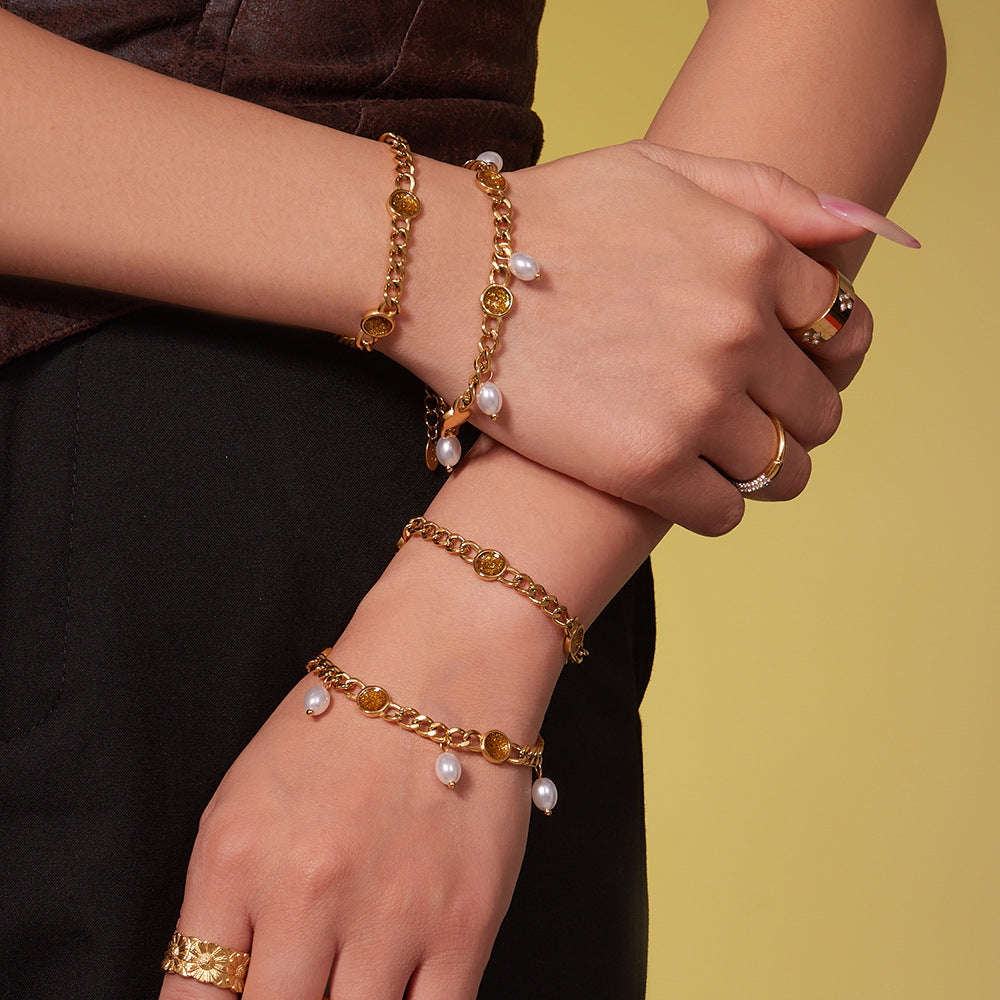 B廠【TXP496】歐美熱銷款仿珍珠流蘇項鍊手鍊不鏽鋼鍍18k金ins小眾設計首飾套裝
 25.11-4