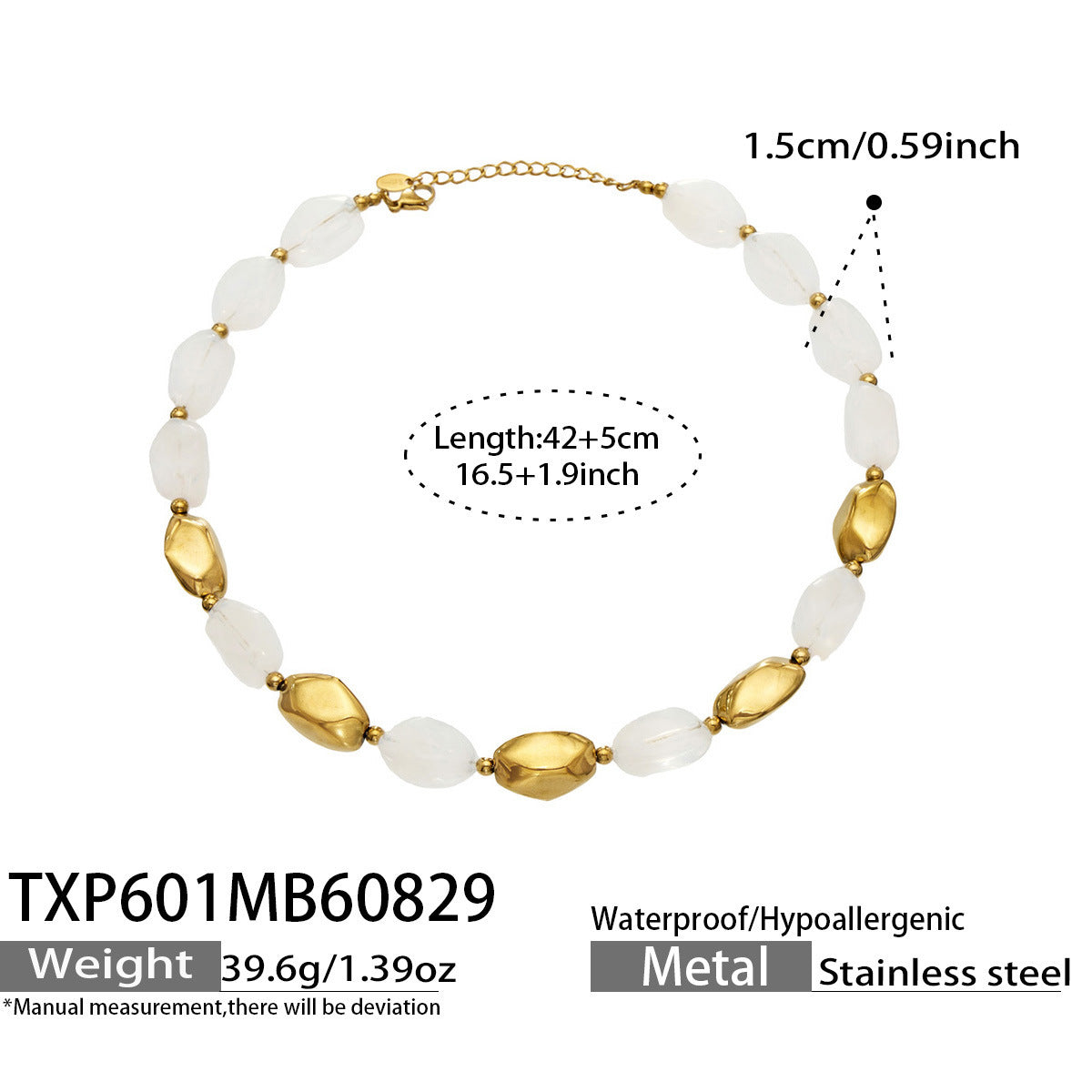 B廠【TXP601】歐美高級感小眾不鏽鋼鍍18k金樹脂橢圓串珠項鍊手鍊飾品首飾套裝
 26.09-1
