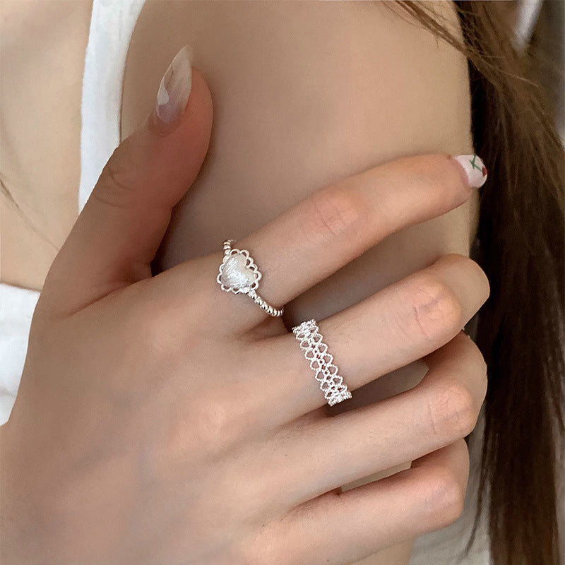 F廠【DQ8038R】S925純銀蕾絲愛心戒指女小眾高級感磨砂心形精緻蕾絲疊戴指環 25.05-5