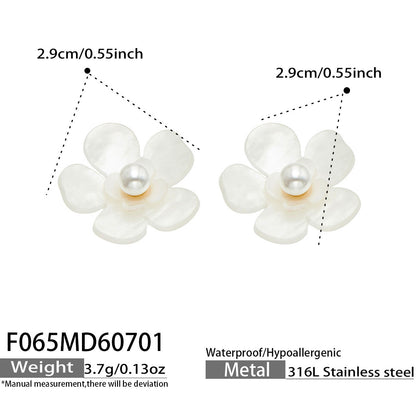 B廠【F065】歐美新款超仙滴油鑲嵌仿珍珠花朵耳環鈦鋼簡約時尚女飾品耳環 26.07-2