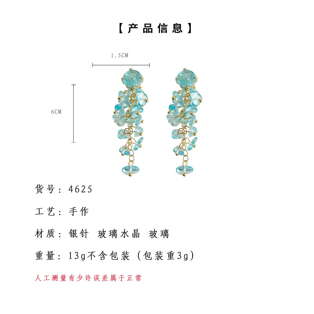 C廠【4625】海洋系列原創設計手工長款流蘇玻璃水晶耳環氣質優雅甜美耳飾 24.07-3
