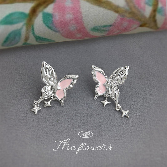 A廠【6345】甜酷女孩！ 925銀針粉紅琺瑯滴油液態肌理紋芒星蝴蝶新款耳飾耳環
 25.11-4