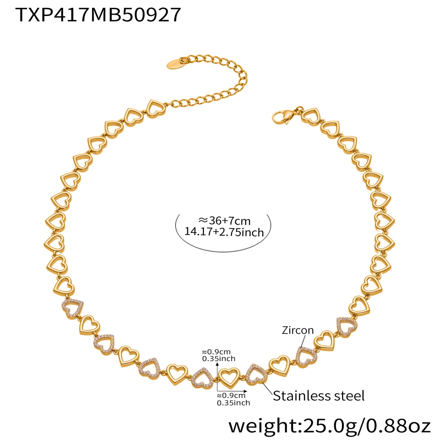 B廠【TXP417】跨境新款不鏽鋼滿鑽愛心手工鍊項鍊手鍊套組鍍18k真金飾品
 25.10-1