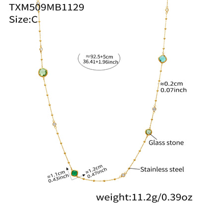 B廠【TXP509】不銹鋼四葉花鑲鋯石切面包邊石頭手鍊長款毛衣鏈項鍊耳環首飾套裝
 25.12-1