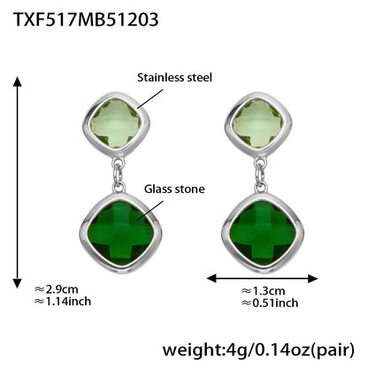 B廠【TXP517】不銹鋼方形切麵包邊玻璃石吊墜耳環項鍊手鍊珠寶首飾套裝鍍18k金
 25.12-2
