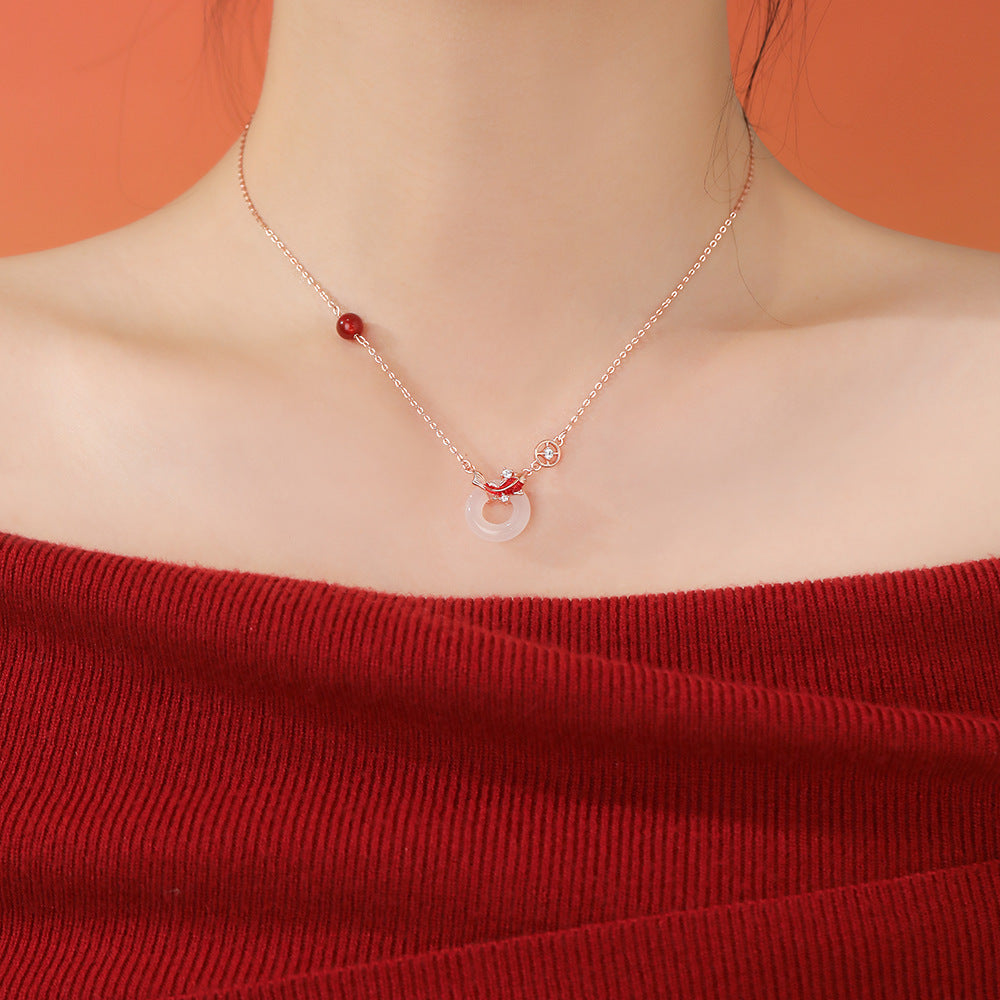 D廠【YC2289N】原創足銀S999紅瑪瑙白玉髓錦鯉平安扣項鍊個性手鍊國風耳環
 25.12-1