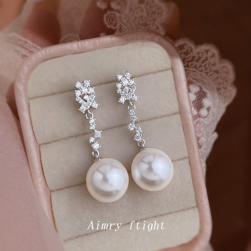 A廠【7394】春夏微鑲鋯石清新甜美氣質優雅925銀針新款大珍珠耳環耳飾女
 26.02-4