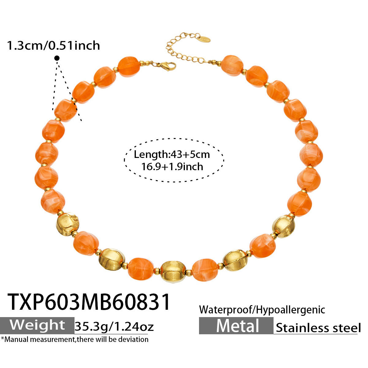 B廠【TXP603】歐美輕奢風不銹鋼金珠復古樹脂彩色手飾小眾手鍊項鍊女套裝飾品
 26.09-1
