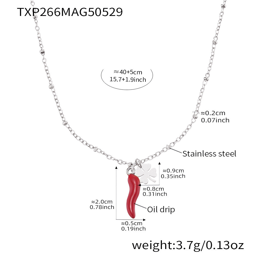 B廠【TXP266】不銹鋼材質紅辣椒四葉花吊墜項鍊手鍊套裝DIY鍍18k金不掉色 25.06-1
