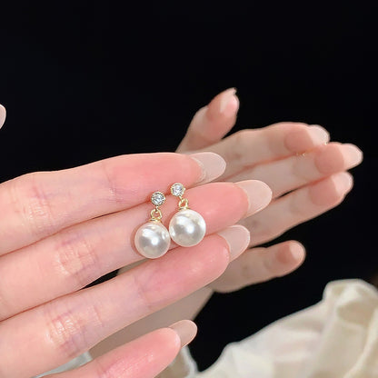 E廠【DQ10492E】S925純銀簡約氣質仿珍珠耳環女法式高級感鑲閃鋯耳環
 25.09-4