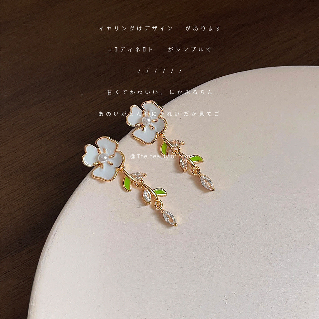 A廠【2551】春夏森系清新微鑲鋯石花朵耳環925銀針度假風滴釉樹葉甜美耳飾女
 25.11-4