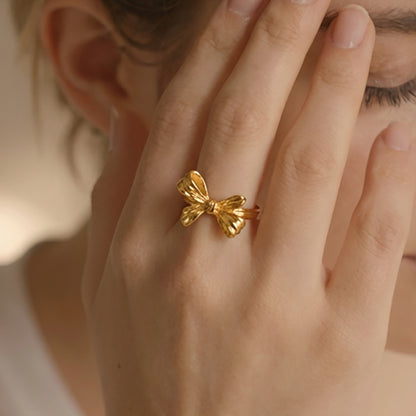B廠【A304】不鏽鋼蝴蝶結開環戒指鍍18k金ins歐美時尚輕奢百搭個性氣質食指戒
 26.01-1