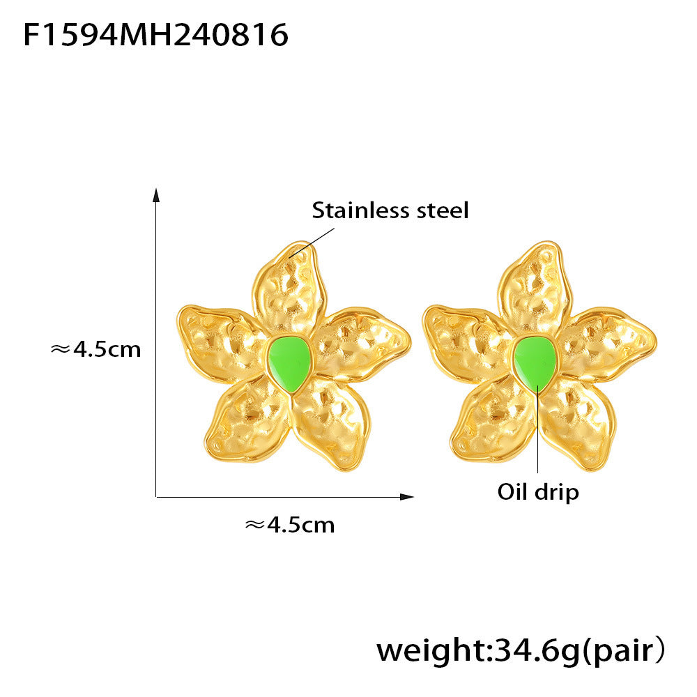 B廠【F1594】歐美風金色岩溶花朵耳環誇張復古設計18K鍍真金不銹鋼滴油耳環女 24.08-4