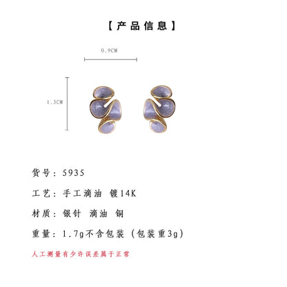 A廠【5934】清新甜美立體琺瑯滴釉幾何空間扭曲藝術氣息銀針鍍14K耳釘女 耳飾 25.05-1