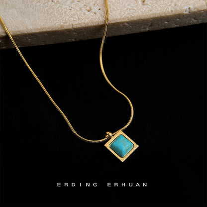 A廠【5653】不銹鋼歐美跨境時尚復古小眾方塊合成綠松石吊墜鈦鋼螺紋鏈條項鍊 25.03-1