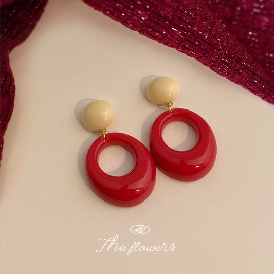 C廠【7034】港風復古圓形幾何時尚高級感紅色新款耳環飾品耳環
 25.11-1