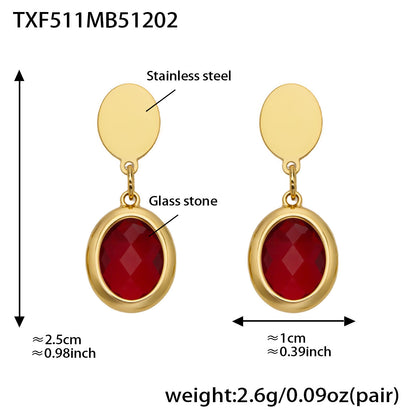 B廠【TXP511】不鏽鋼幾何橢圓切面玻璃石包邊項鍊手鍊耳環組鍍18k金跨國首飾
 25.12-2